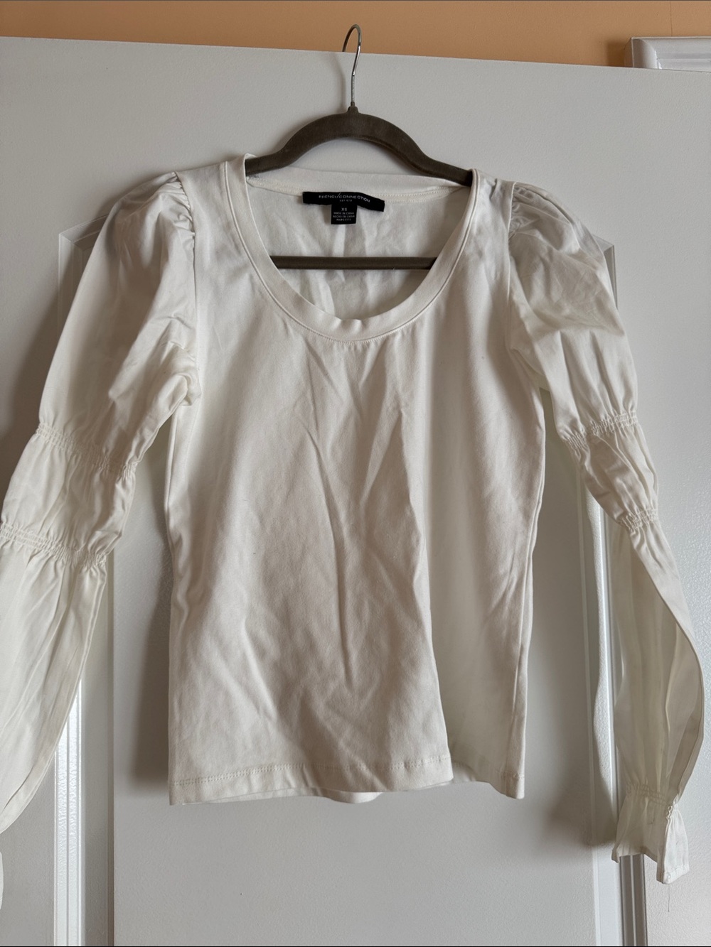 French Connection White Long Sleeve Puff-Sleeve Top